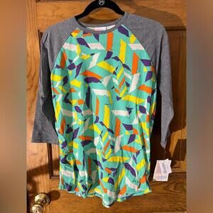 LuLaRoe Randy Shirt Baseball T 3/4 Sleeve Gray Green Yellow Purple Medium NWT